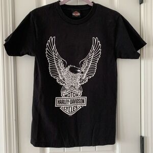 Harley Davidson Small Black T Shirt 2 Sided Eagle Oconomowoc, Wis.
